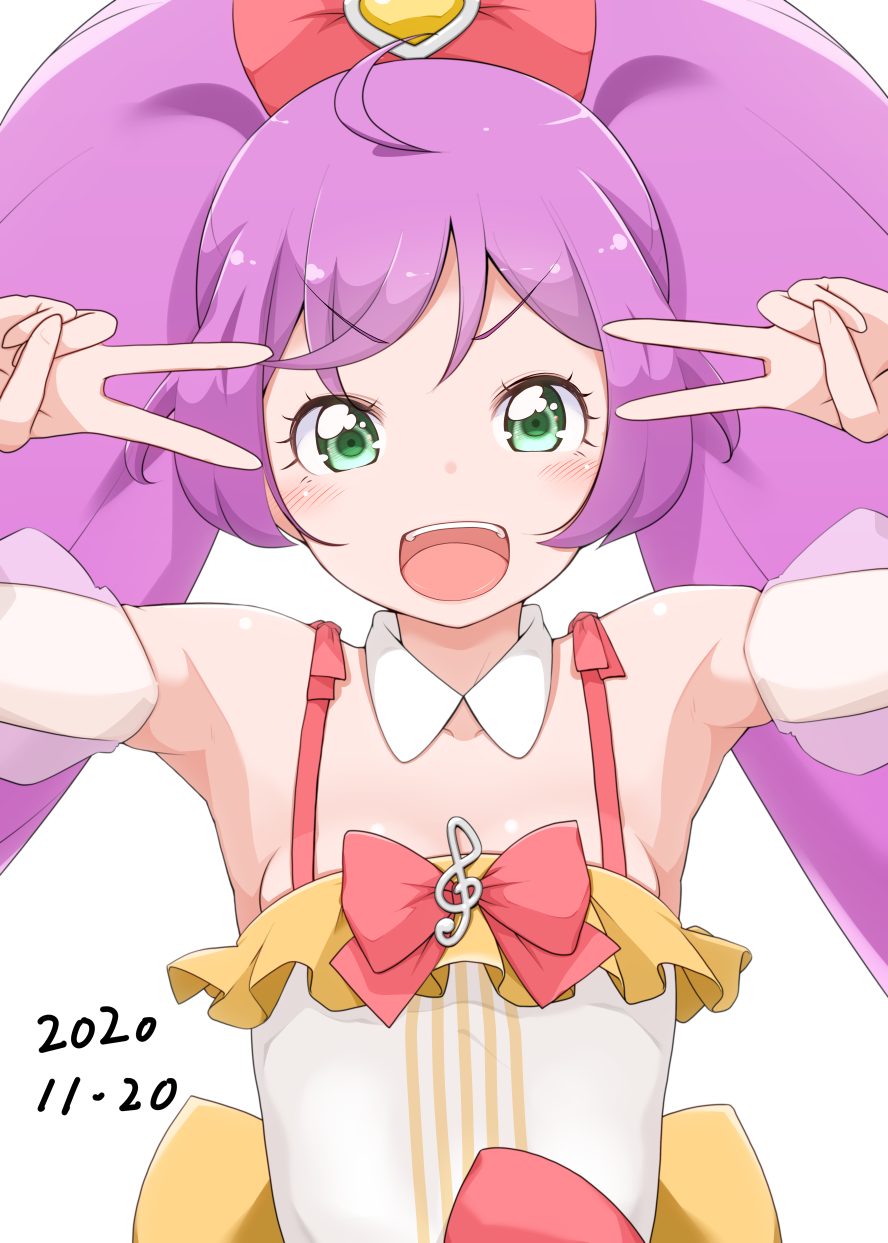 1girl :d ahoge blush bow bra_strap breasts copyright_request dated detached_collar detached_sleeves double_v green_eyes hair_bow hands_up highres long_hair looking_at_viewer open_mouth purple_hair simple_background small_breasts smile solo twintails upper_body upper_teeth v v-shaped_eyebrows very_long_hair white_background yonekura_hisaki