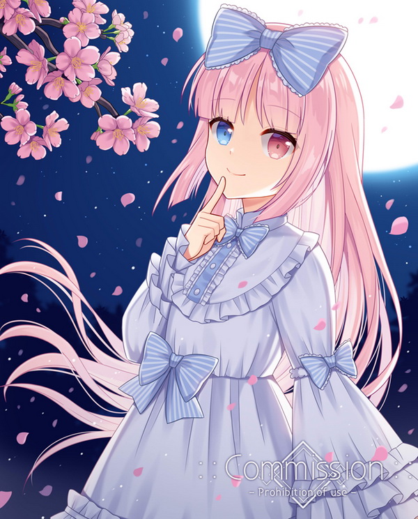 1girl bangs blue_bow blue_eyes bow closed_mouth commentary_request commission dress eyebrows_visible_through_hair flower frilled_dress frilled_sleeves frills full_moon hair_bow hand_up heterochromia hitsuki_rei index_finger_raised long_hair long_sleeves moon night night_sky original outdoors petals pink_flower pink_hair red_eyes sky sleeves_past_wrists smile solo striped striped_bow very_long_hair white_dress