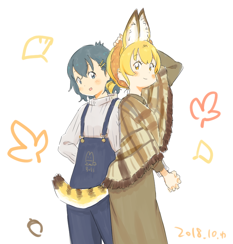 2girls :d alternate_costume animal_ear_fluff animal_ears black_hair blonde_hair commentary_request dated extra_ears hair_ornament hairclip hand_on_own_head holding_hands interlocked_fingers kaban_(kemono_friends) kemono_friends long_sleeves looking_at_viewer multiple_girls open_mouth overalls poncho serval_(kemono_friends) serval_ears serval_tail short_hair simple_background smile tail wamakwp white_background yellow_eyes