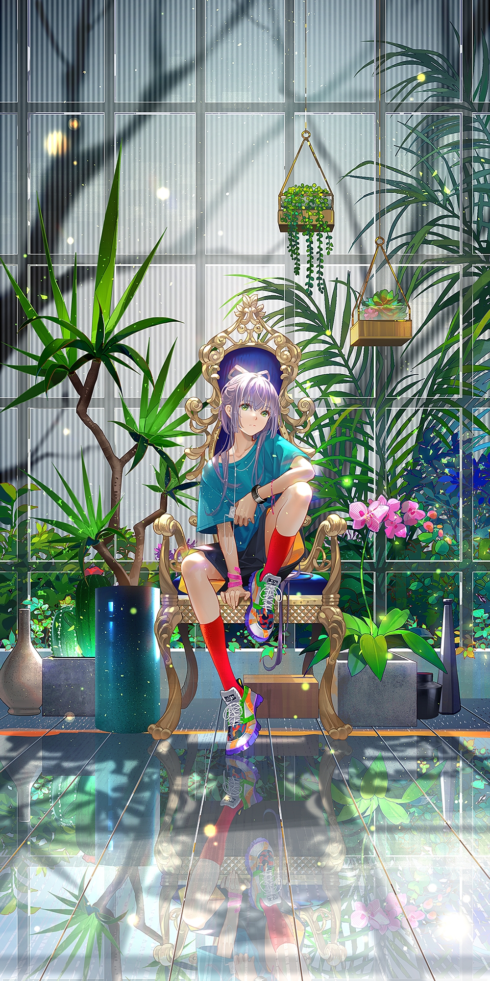 1girl aqua_shirt arm_on_knee between_legs bracelet collarbone digital_media_player earphones earphones eyebrows_visible_through_hair flower full_body green_eyes grey_hair hand_between_legs hanging_plant highres holding indoors jewelry knee_up knees luo_tianyi multicolored_footwear plant potted_plant red_legwear reflection shirt shoes short_sleeves shorts sitting socks solo t-shirt throne tidsean vocaloid