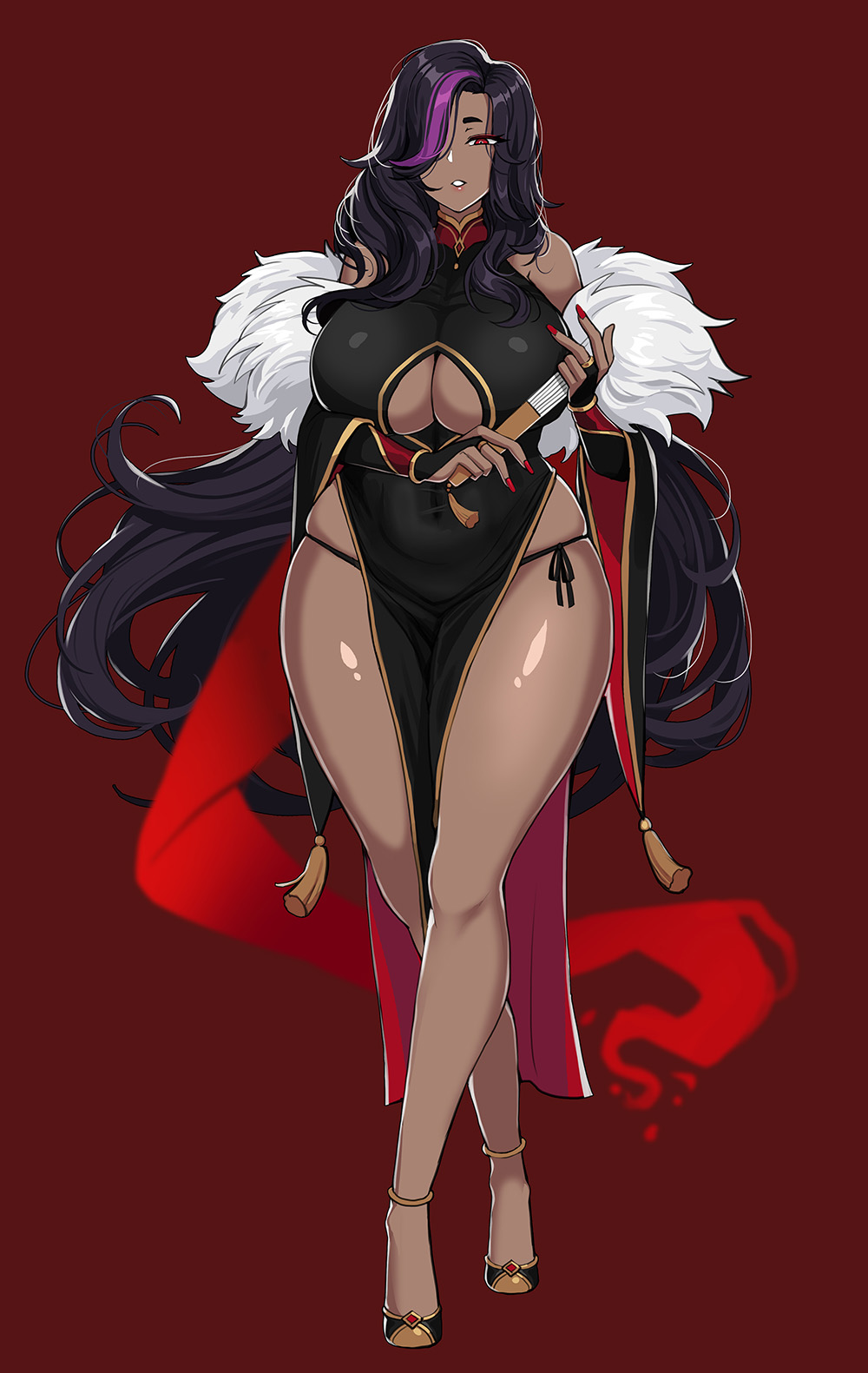 1girl bare_shoulders black_hair breasts bridal_gauntlets china_dress chinese_clothes cleavage_cutout clothing_cutout dark-skinned_female dark_skin dress fan full_body hair_over_one_eye half-closed_eyes hella_p highres holding holding_fan large_breasts long_hair looking_down multicolored_hair nail_polish original parted_lips purple_hair red_background red_eyes red_nails simple_background skindentation solo standing streaked_hair very_long_hair