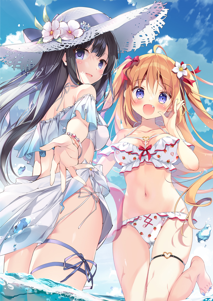 2girls :d ahoge bangs bare_legs bare_shoulders barefoot bikini black_hair blush bow breasts brown_hair collarbone commentary_request day eyebrows_visible_through_hair fang flower food_print frilled_bikini frills hair_between_eyes hair_bow hair_flower hair_ornament halter_top halterneck hand_up hat hat_flower heart_ring long_hair medium_breasts multiple_girls navel open_mouth original outdoors pan_(mimi) print_bikini red_bow sarong skindentation smile standing standing_on_one_leg straw_hat strawberry_print swimsuit two_side_up very_long_hair violet_eyes white_bikini white_flower white_headwear