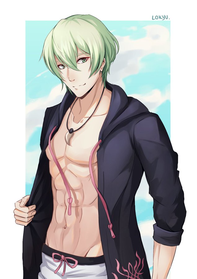 1boy abs artist_name beach byleth_(fire_emblem) byleth_eisner_(male) collarbone exposed_muscle fire_emblem fire_emblem:_three_houses green_eyes green_hair jacket jewelry looking_at_viewer male_swimwear muscular muscular_male necklace sky smile solo swim_trunks swimsuit