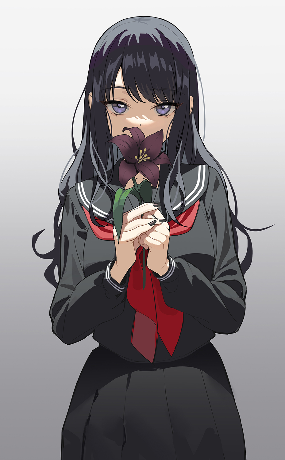 1girl bangs black_flower black_hair black_nails black_shirt black_skirt breasts covered_mouth eyebrows_visible_through_hair flower highres holding holding_flower icarus_(632247131) idolmaster idolmaster_shiny_colors kazano_hiori long_hair red_neckwear red_ribbon ribbon school_uniform shirt simple_background skirt solo violet_eyes