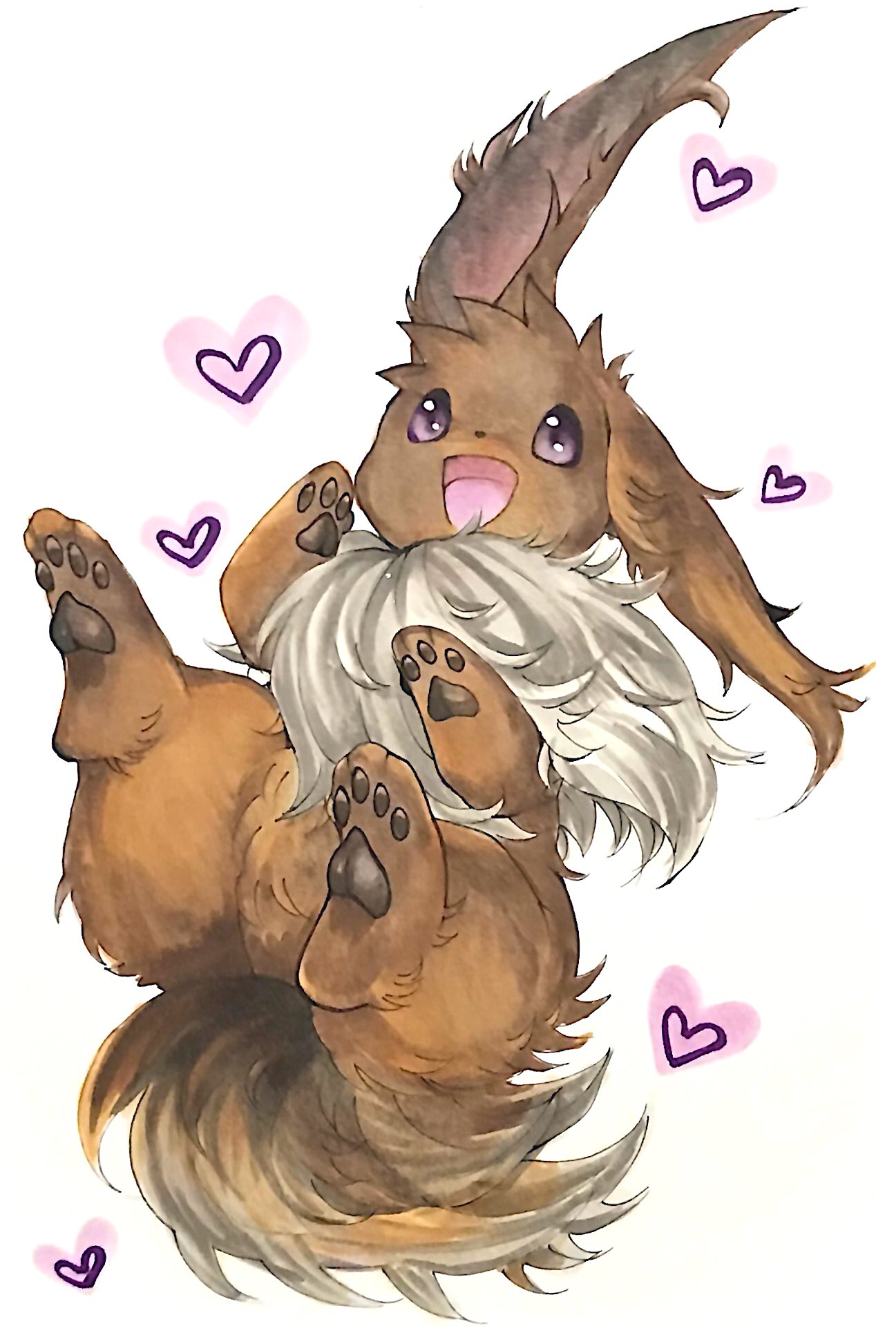 animal_focus commentary eevee english_commentary fluffy full_body gen_1_pokemon happy heart heart_background highres looking_at_viewer lying mofuo no_humans on_back open_mouth pawpads pokemon pokemon_(creature) simple_background smile solo violet_eyes white_background