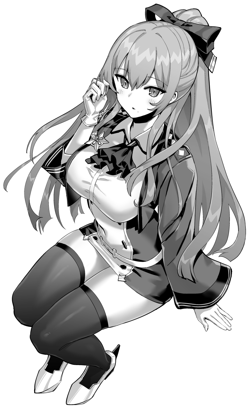 1girl adjusting_hair ascot azur_lane bangs blush bow breasts buttons cropped_jacket dress emblem eyebrows_visible_through_hair full_body gloves greyscale hair_between_eyes hair_bow hair_ribbon hand_up high_ponytail highres hori_(hori_no_su) large_breasts long_hair long_sleeves military military_uniform mole mole_under_mouth monochrome official_art parted_lips ponytail ribbon rudder_footwear shoes short_dress sidelocks simple_background sitting skindentation solo swiftsure_(azur_lane) taut_clothes thigh-highs thighs uniform very_long_hair white_background zettai_ryouiki