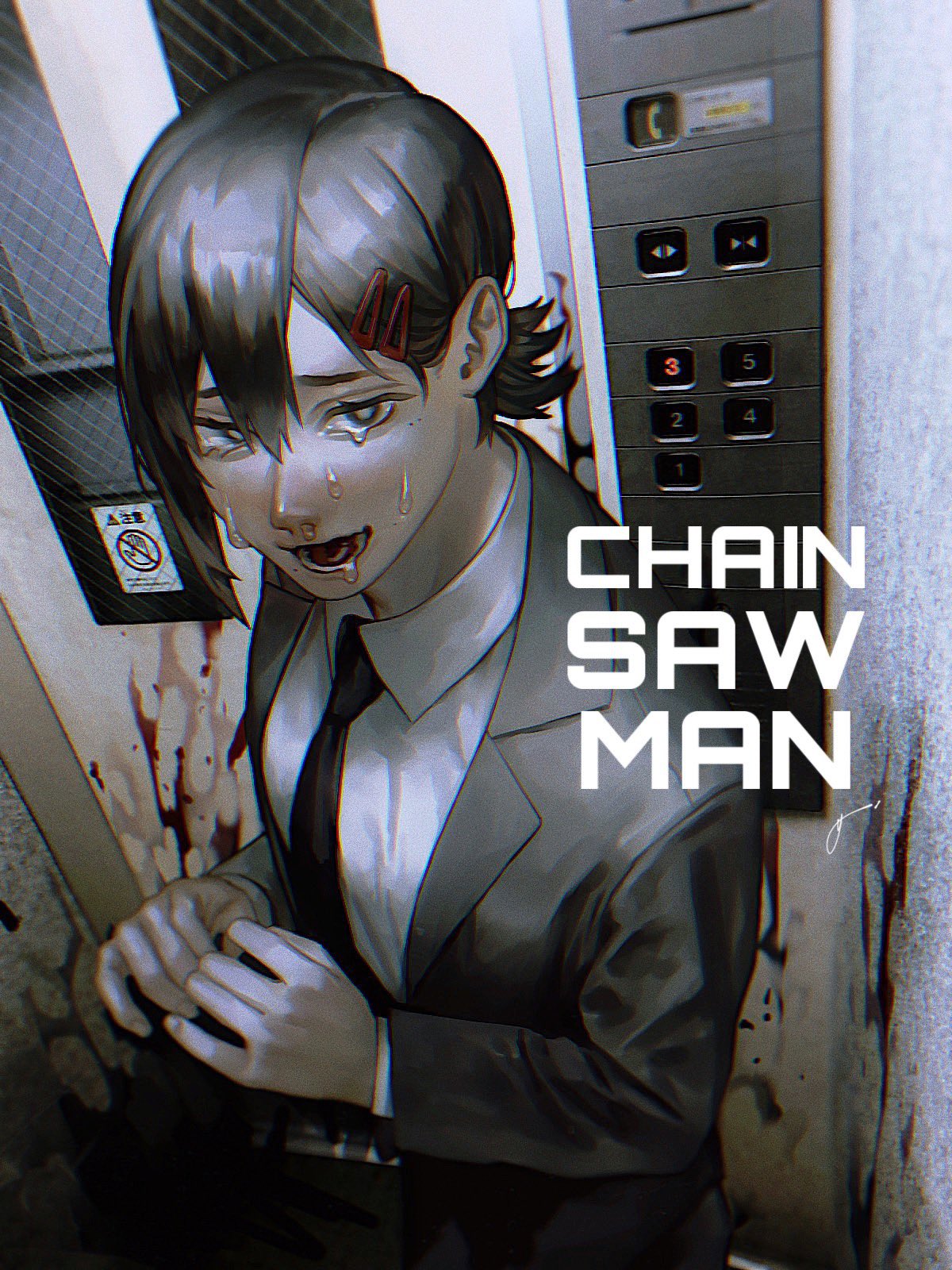 1girl asymmetrical_hair bangs black_hair black_neckwear black_pants blood blood_splatter business_suit chainsaw_man collared_shirt crying crying_with_eyes_open elevator elevator_door formal furrowed_brow hair_behind_ear hair_between_eyes hair_ornament hairclip hands_together higashiyama_kobeni highres indoors k041800 mole mole_on_cheek mole_under_eye mole_under_mouth neckwear open_mouth pants ponytail sad shirt short_hair sidelocks sign sobbing solo suit tears teeth white_shirt