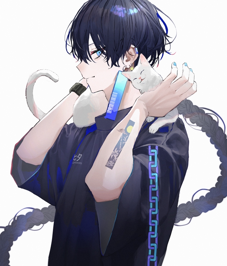 1boy animal_on_shoulder bangs black_hair black_shirt blue_eyes blue_nails braid cat cat_on_shoulder chain closed_mouth commentary_request ear_clip ear_piercing earrings from_side hands_up jewelry long_hair looking_at_viewer male_focus nail_polish original piercing profile sakusya2honda shirt short_sleeves sideways_glance simple_background single_braid single_earring solo t-shirt tattoo upper_body watch watch white_background