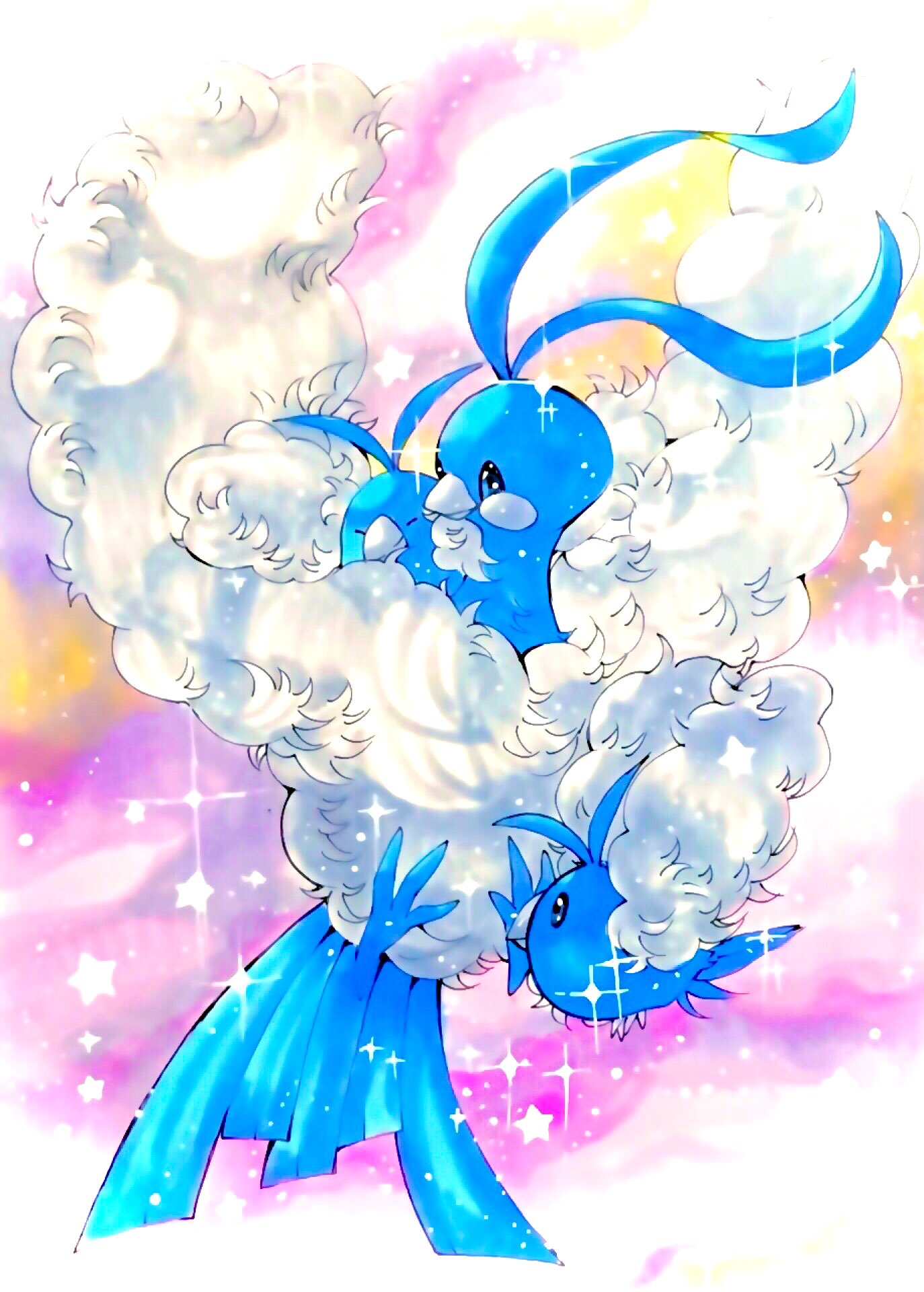 altaria animal_focus blue_eyes closed_eyes closed_mouth commentary fluffy from_side full_body gen_3_pokemon highres jpeg_artifacts looking_at_another marker_(medium) mofuo no_humans pink_background pokemon pokemon_(creature) sparkle star_(symbol) swablu traditional_media