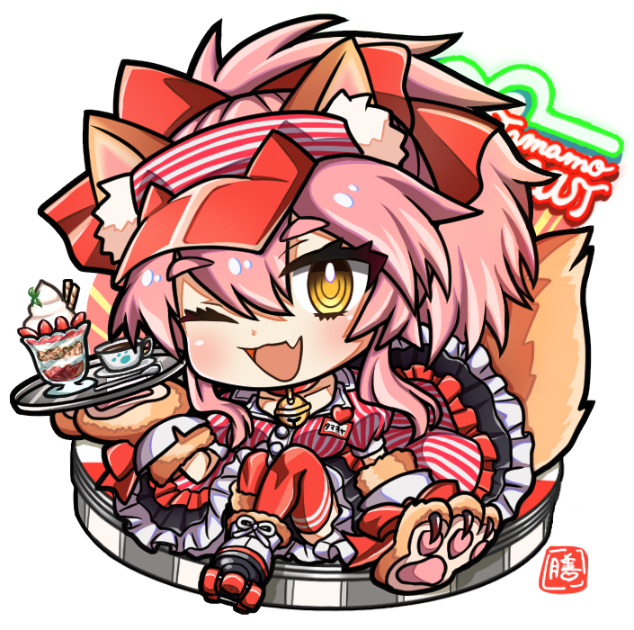1girl animal_ear_fluff animal_ears artist_request bell breasts cat_paws chibi collar collarbone dress eyebrows_visible_through_hair fang fate/grand_order fate_(series) fox_ears fox_girl fox_tail gloves hair_ribbon headpiece jingle_bell long_hair looking_at_viewer lostroom_outfit_(fate) neck_bell one_eye_closed paw_gloves paw_shoes paws pink_hair ponytail red_ribbon ribbon roller_shoes roller_skates shoes simple_background skates skin_fang solo striped striped_dress tail tamamo_(fate)_(all) tamamo_cat_(fate) white_background yellow_eyes