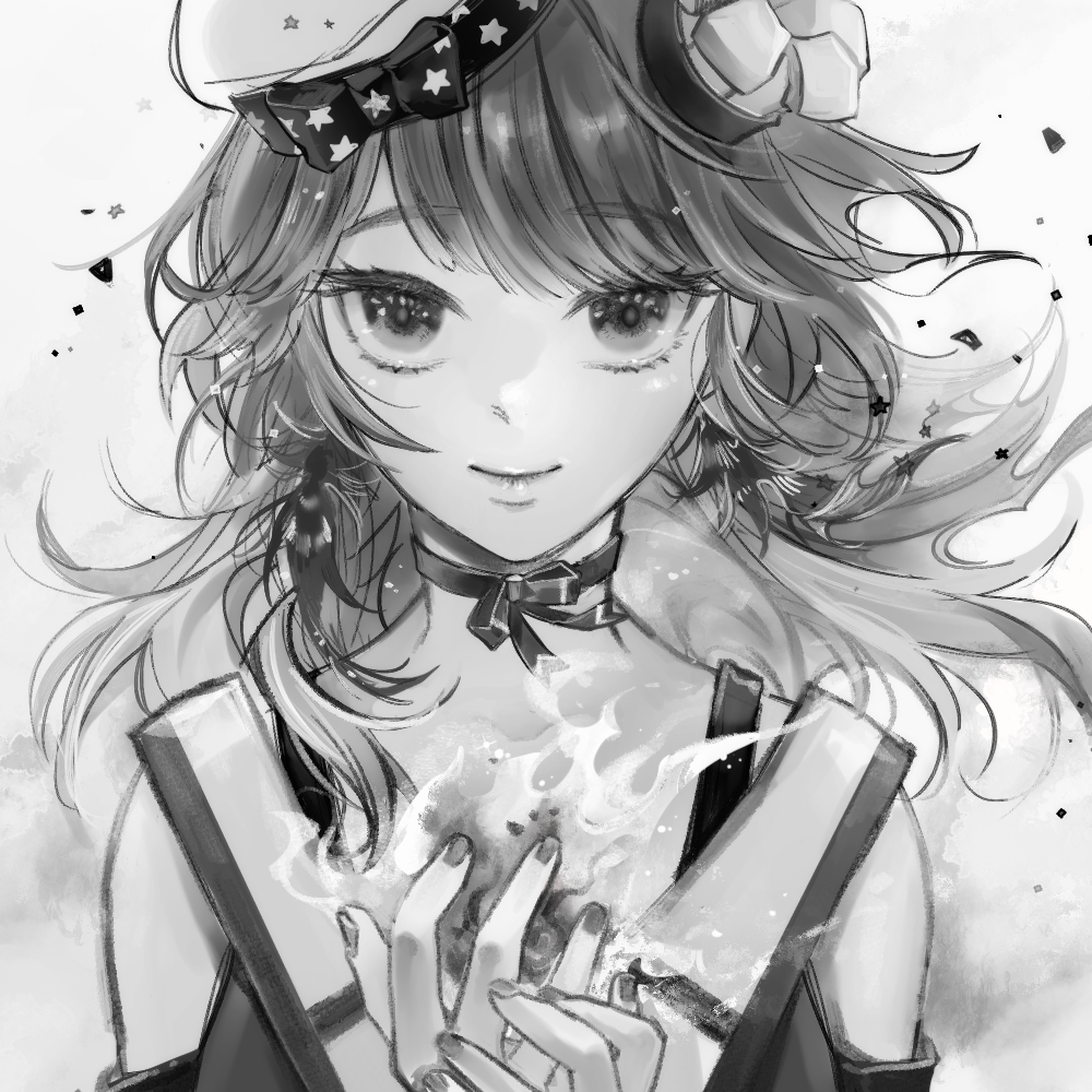 1girl bangs beret bow_choker chef_hat detached_sleeves earrings eyebrows_visible_through_hair feather_earrings feathers fire floating_hair greyscale hat hololive hololive_english jewelry looking_at_viewer monochrome nail_polish open_hand smile solo takanashi_kiara tobari_shiwo virtual_youtuber