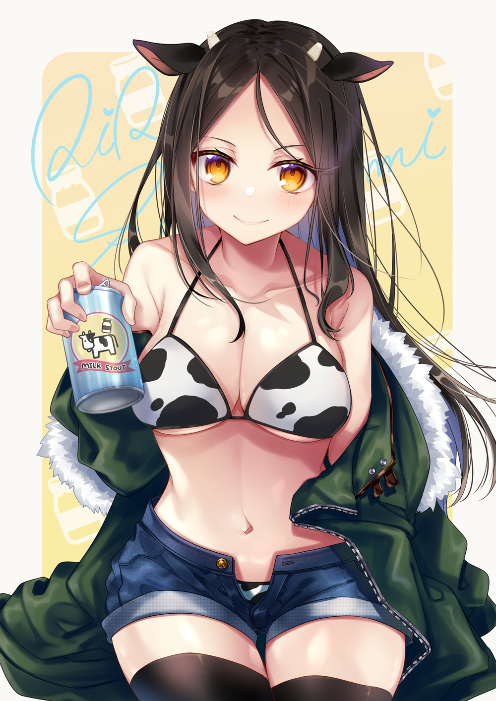1girl animal_ears animal_print bare_shoulders bikini black_hair black_legwear breasts brown_eyes can closed_mouth clothes_down collarbone cow_ears cow_horns cow_print denim denim_shorts drink fur_trim green_jacket highres holding holding_can horns jacket kusada_souta large_breasts long_hair milk navel no_shirt original shadow shorts simple_background sitting smile solo swimsuit thigh-highs unbuttoned_shorts
