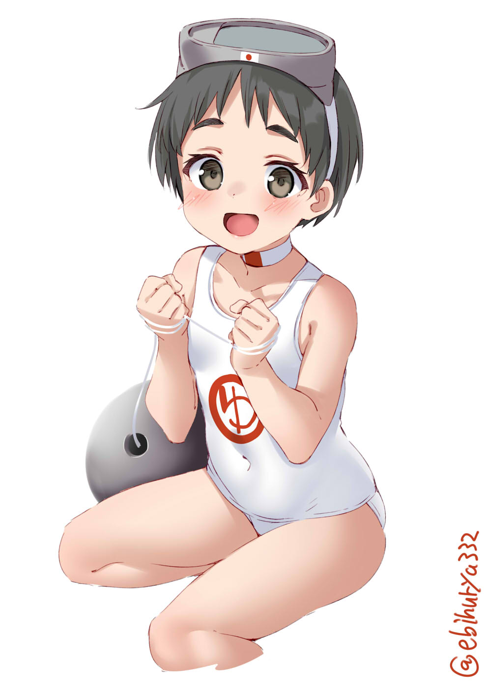 1girl black_hair blush brown_eyes clothes_writing collarbone cropped_legs diving_mask diving_mask_on_head ebifurya goggles goggles_on_head highres kantai_collection maru-yu_(kancolle) one-piece_swimsuit open_mouth school_swimsuit short_hair simple_background solo swimsuit twitter_username white_background white_swimsuit