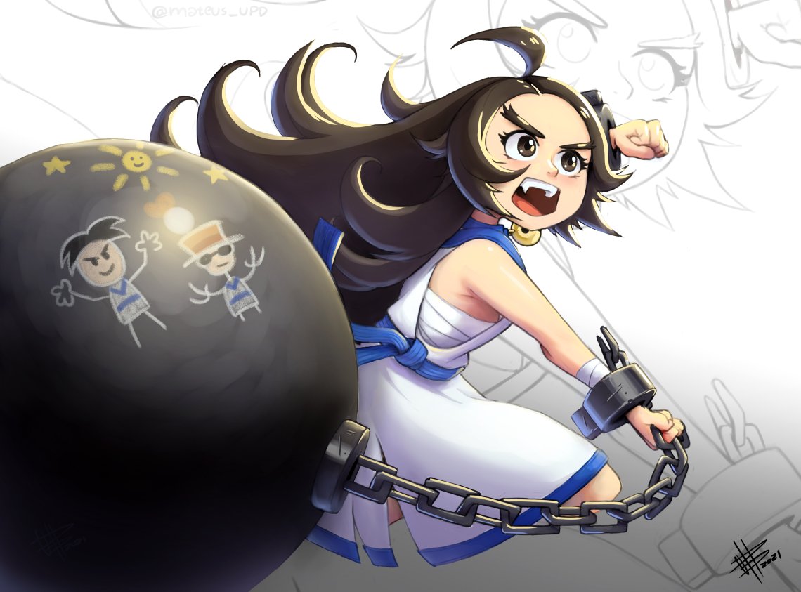 1girl action ball_and_chain_(weapon) black_hair chain chalk chang_koehan mateus_upd pretty_chang shouting the_king_of_fighters