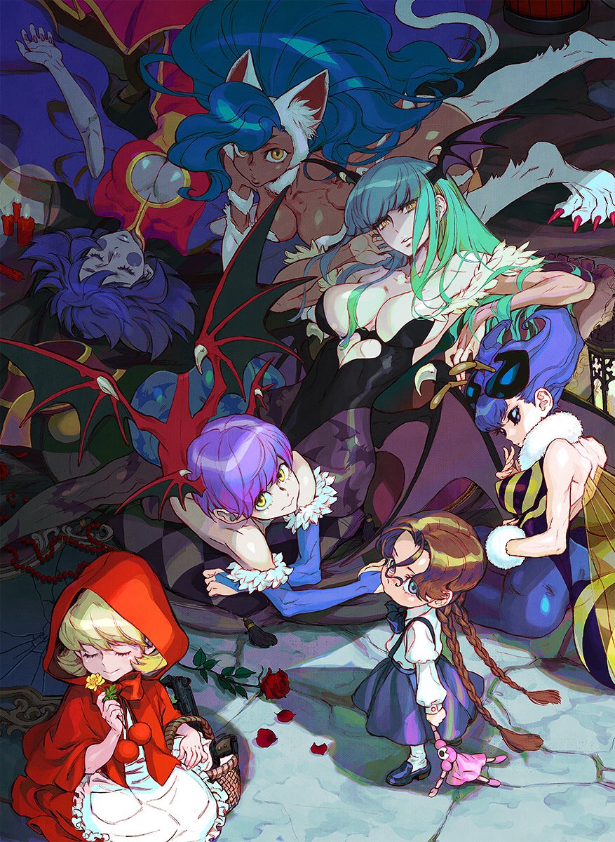 6+girls animal_ears anita_(vampire) bat_wings blonde_hair blue_eyes blue_hair breasts brown_hair bulleta candle cat_ears cat_girl closed_eyes demon_girl felicia_(vampire) fur green_hair gun highres jiangshi lantern leggings lei_lei lilith_aensland long_hair looking_at_viewer lying monster_girl morrigan_aensland multiple_girls nishimura_kinu official_art on_stomach purple_hair q-bee short_hair tan_skirt vampire_(game) weapon wings yellow_eyes