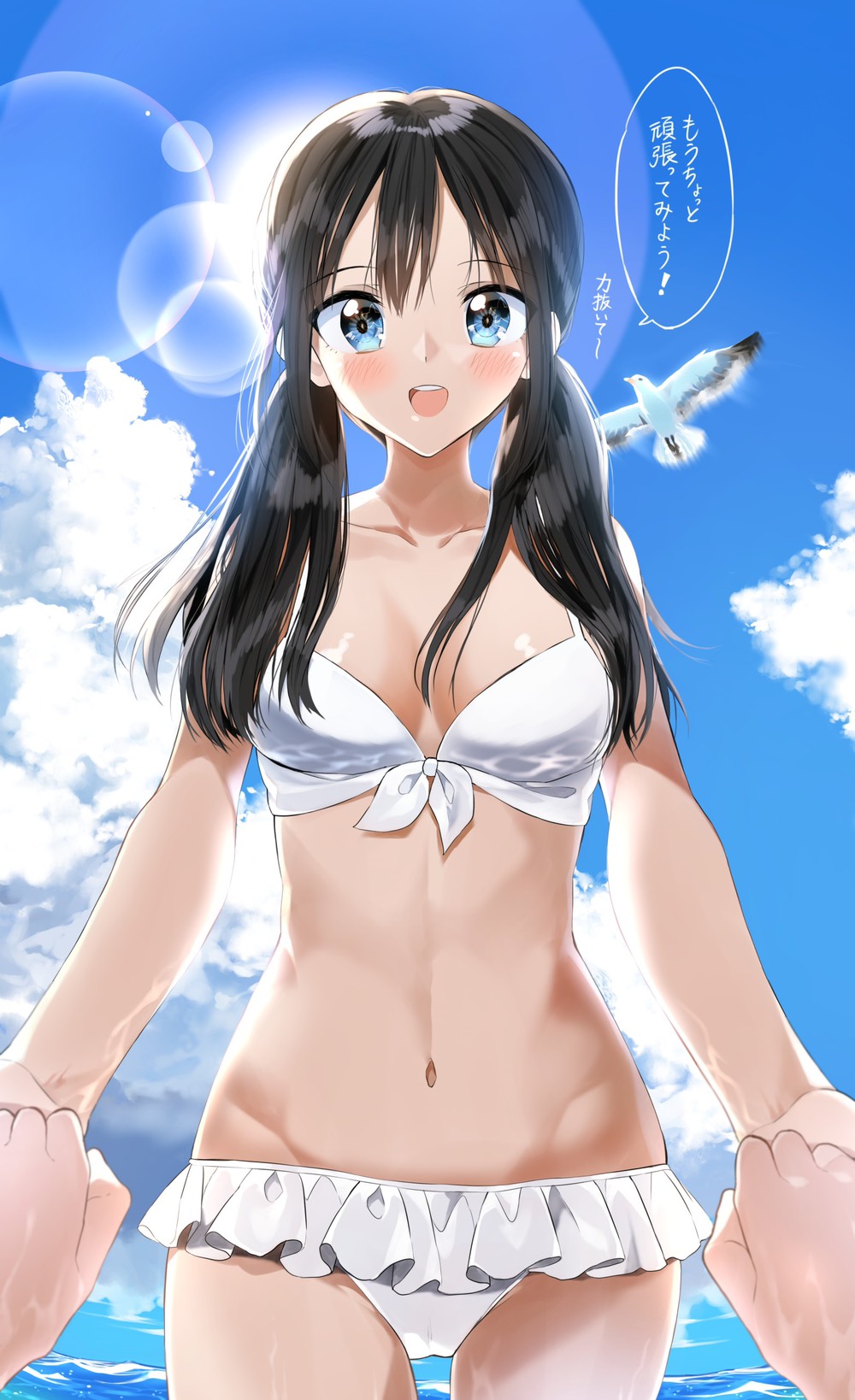 1girl :d animal bangs bare_arms bare_shoulders bikini bird black_hair blue_eyes blue_sky blush breasts clouds commentary cowboy_shot day eyebrows_visible_through_hair frilled_bikini frills groin hair_between_eyes hair_over_shoulder highres long_hair looking_at_viewer low_twintails navel open_mouth original outdoors pentagon_(railgun_ky1206) sky small_breasts smile solo_focus standing swimsuit translated twintails water white_bikini