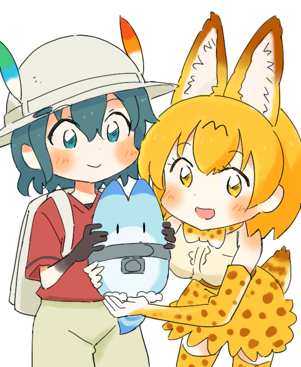 2girls :d animal_ear_fluff animal_ears backpack bag black_gloves blonde_hair blue_eyes blue_hair blush bow bowtie commentary_request elbow_gloves extra_ears gloves hat hat_feather kaban_(kemono_friends) kemono_friends lucky_beast_(kemono_friends) multiple_girls open_mouth print_legwear print_skirt red_shirt serval_(kemono_friends) serval_ears serval_print serval_tail shirt short_hair simple_background skirt smile tail thigh-highs wamakwp white_background white_headwear yellow_eyes