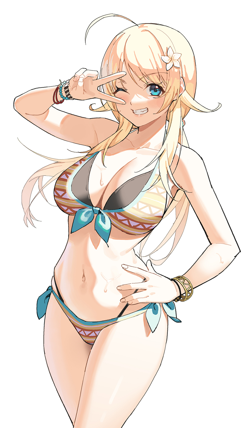 1girl ahoge bikini blonde_hair blue_eyes bracelet breasts clenched_teeth hachimiya_meguru hand_on_hip highres icarus_(632247131) idolmaster idolmaster_shiny_colors jewelry large_breasts long_hair looking_at_viewer low_twintails multicolored multicolored_bikini multicolored_clothes navel one_eye_closed simple_background smile solo swimsuit teeth twintails white_background