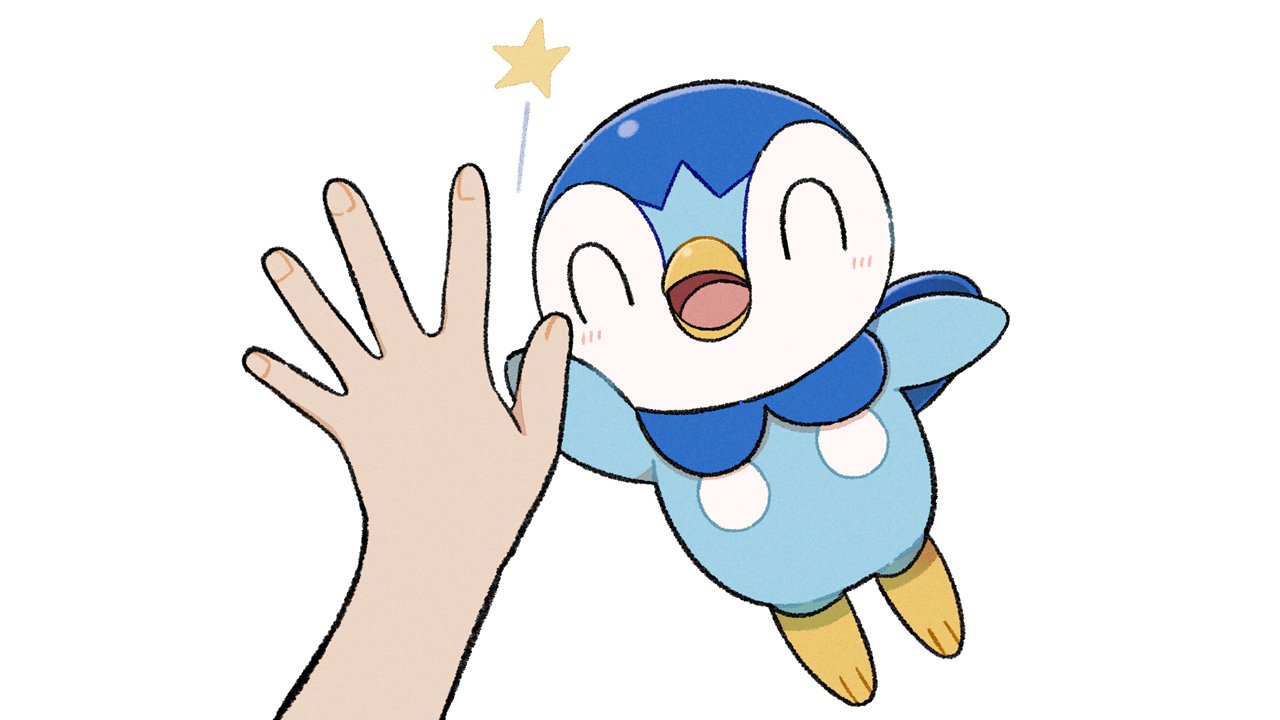 1other arm_up blush closed_eyes commentary_request creature gen_4_pokemon high_five official_art open_mouth outstretched_arm piplup pokemon pokemon_(creature) prj_pochama simple_background smile star_(symbol) starter_pokemon toes tongue white_background