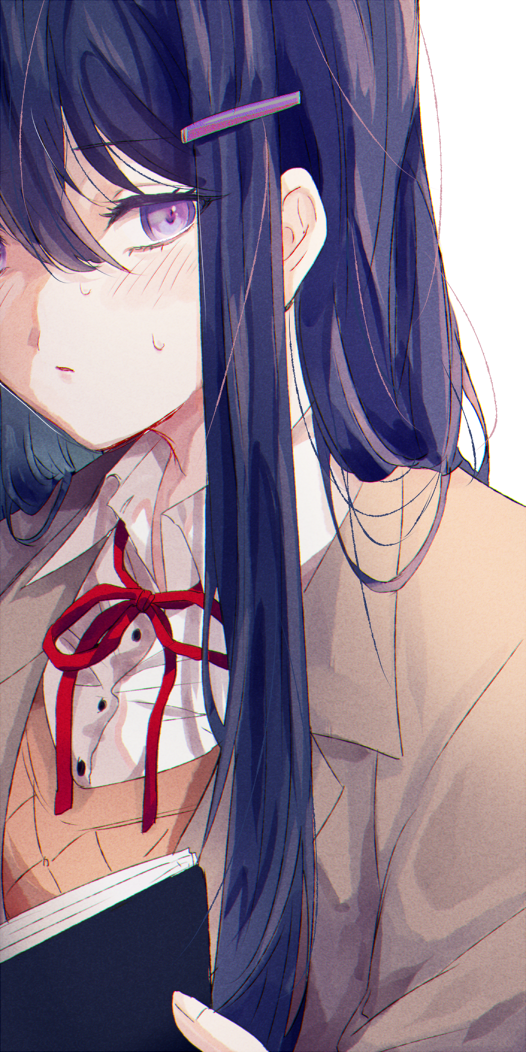 1girl akira010111 book breasts closed_mouth doki_doki_literature_club hair_between_eyes hair_ornament hairclip holding holding_book long_hair looking_to_the_side open_book purple_hair red_ribbon ribbon school_uniform violet_eyes wallpaper yuri_(doki_doki_literature_club)