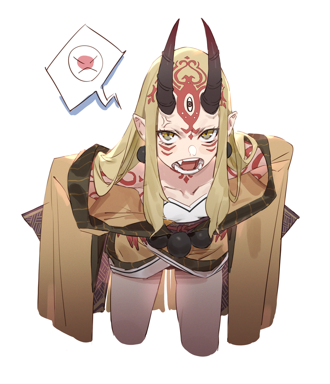 1girl anger_vein angry blonde_hair breasts collarbone cropped_legs earrings facial_mark fang fate/grand_order fate_(series) forehead_mark highres hit-kun horns ibaraki_douji_(fate) japanese_clothes jewelry kimono leaning_forward long_hair looking_at_viewer oni oni_horns open_mouth pointy_ears short_kimono simple_background small_breasts solo tattoo teeth white_background wide_sleeves yellow_eyes yellow_kimono