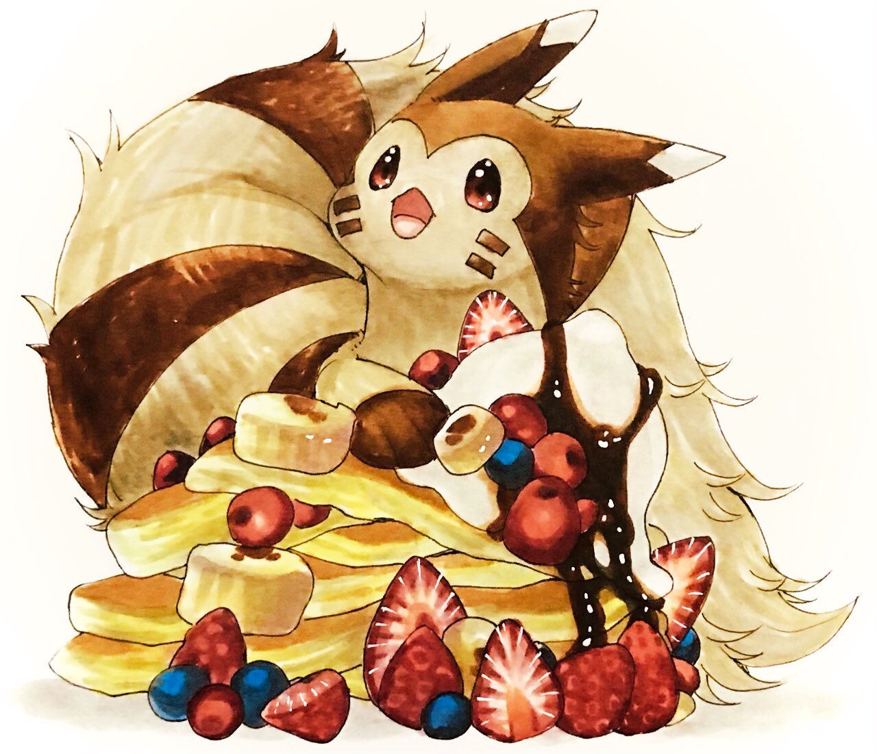 animal_focus banana banana_slice blueberry cherry chocolate commentary_request cream facial_mark fluffy food food_focus fruit furret gen_2_pokemon gradient gradient_background happy looking_up marker_(medium) mofuo no_humans open_mouth oversized_food pancake pokemon red_eyes simple_background smile solo strawberry traditional_media whisker_markings white_background