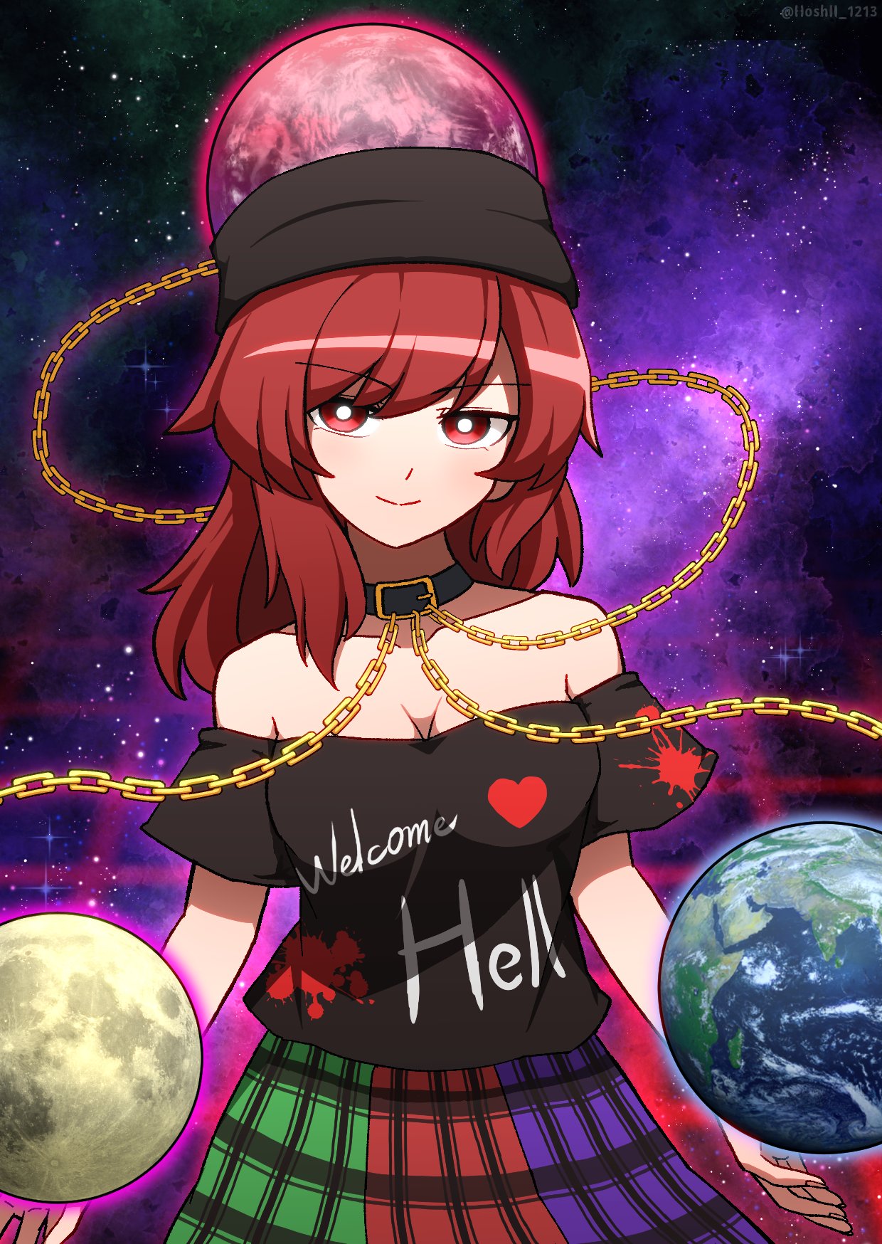1girl bangs black_headwear black_shirt bright_pupils closed_mouth cowboy_shot earth_(ornament) heart hecatia_lapislazuli highres hoshii_1213 looking_at_viewer medium_hair moon_(ornament) multicolored multicolored_clothes multicolored_skirt off-shoulder_shirt off_shoulder plaid plaid_skirt polos_crown red_eyes redhead shirt short_sleeves skirt sky smile solo space standing star_(sky) starry_sky t-shirt touhou white_pupils