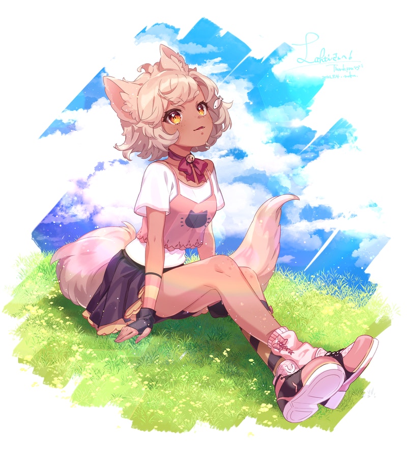 1girl animal_ears bangs bell black_skirt commission dark_skin fingerless_gloves full_body gloves grass loose_socks nokachoco114 original shoes short_hair signature skeb_commission skirt sky sneakers solo striped striped_legwear tail