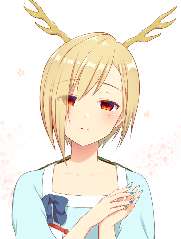 1girl bangs blonde_hair blue_bow blue_nails blue_shirt bow closed_mouth collarbone dragon_horns expressionless eyebrows_visible_through_hair eyes_visible_through_hair floral_background hair_over_one_eye hands_up head_tilt horns kicchou_yachie light_blush looking_at_viewer nail_polish nnyara own_hands_together red_eyes shirt short_hair simple_background slit_pupils solo touhou turtle_shell upper_body white_background