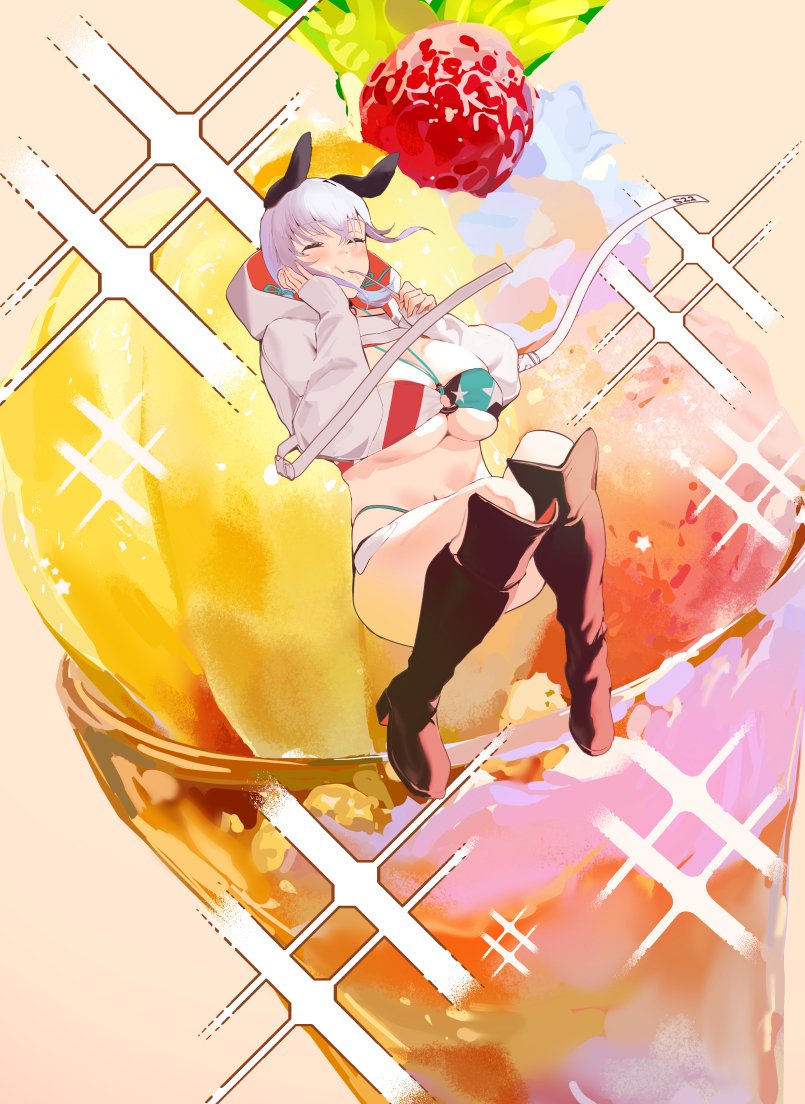 1girl animal_ears bikini black_footwear boots breasts closed_eyes curvy dessert dog_ears eating exposed_pocket food food-themed_background fruit fruit_cup hand_on_own_face huge_breasts ikuchan_kaoru ikuchan_kaoru_(character) indie_virtual_youtuber navel o-ring o-ring_bikini original shrug_(clothing) silver_hair solo swimsuit utensil_in_mouth virtual_youtuber