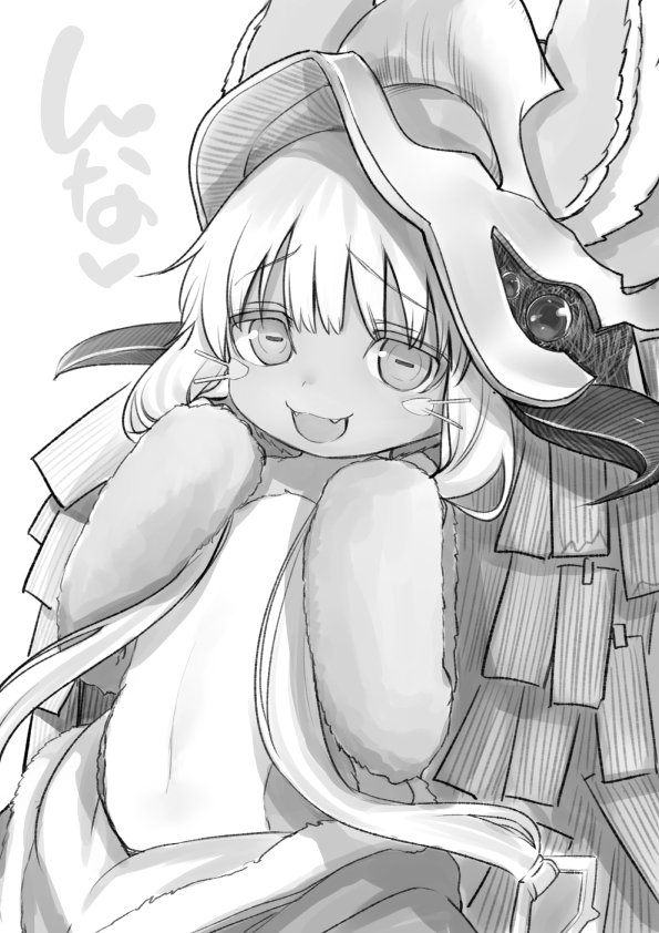 1other :d facial_mark fangs furry greyscale hands_up hat horizontal_pupils horns looking_at_viewer made_in_abyss monochrome nanachi_(made_in_abyss) open_mouth paws santa_(sunflower) simple_background smile solo topless whisker_markings white_background