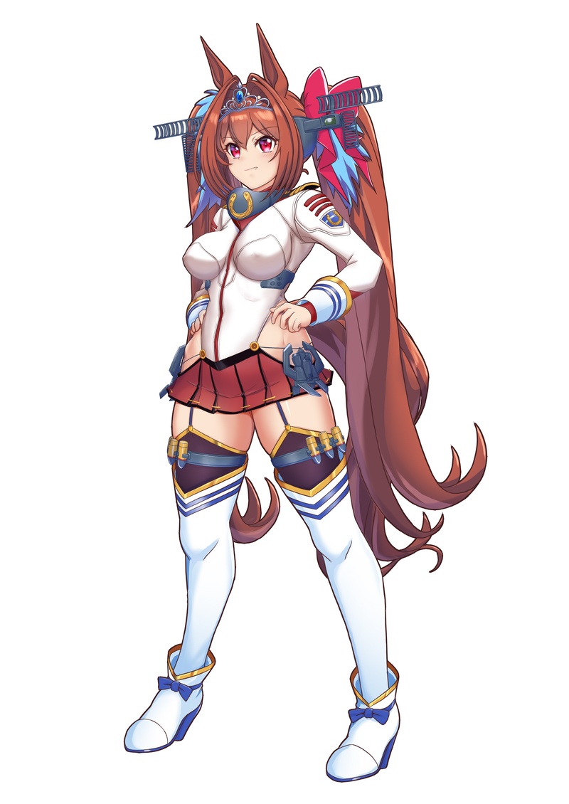 1girl animal_ears breasts brown_hair closed_mouth collar cosplay daiwa_scarlet_(umamusume) full_body garter_straps hair_intakes hair_tie hand_on_hip headgear hip_vent horse_ears horse_tail jacket kantai_collection large_breasts long_hair metal_collar moke_ro pleated_skirt red_skirt simple_background skirt solo standing tail thigh-highs tiara trait_connection twintails uchuu_senkan_yamato uchuu_senkan_yamato_2199 umamusume very_long_hair violet_eyes white_background white_jacket white_legwear yamato_(kancolle) yamato_(kancolle)_(cosplay)