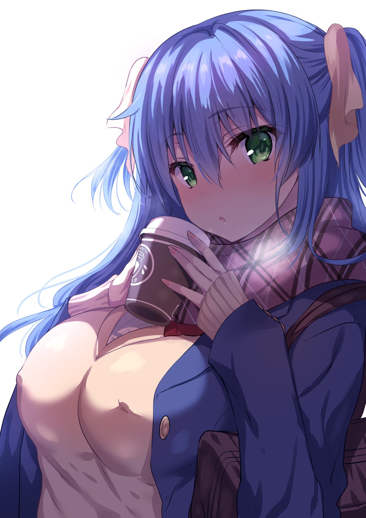 1girl bag blue_hair blue_jacket blush breasts cup fingernails gakkou_de_seishun! green_eyes highres holding holding_cup jacket kanzaki_ayane large_breasts long_sleeves looking_at_viewer parted_lips pink_scarf sanshoku_amido scarf shoulder_bag simple_background solo sweater_vest upper_body vest white_background yellow_vest