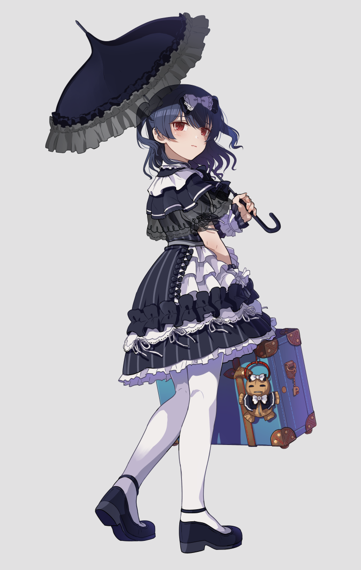 1girl black_bow black_dress black_footwear blue_hair bow dress frills from_behind full_body gothic_lolita grey_background hair_bow holding holding_umbrella idolmaster idolmaster_shiny_colors kamille_(vcx68) lolita_fashion looking_back luggage mary_janes morino_rinze pantyhose parasol red_eyes shoes simple_background solo suitcase two_side_up umbrella white_legwear