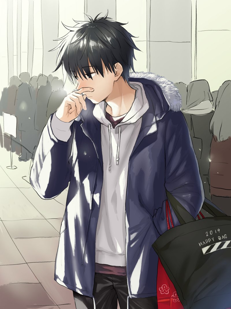 1boy bag black_hair blush chigusa_kasumi hand_in_pocket hood hoodie jacket male_focus nose_blush outdoors qualidea_code queue sekiya_asami shopping_bag short_hair solo_focus