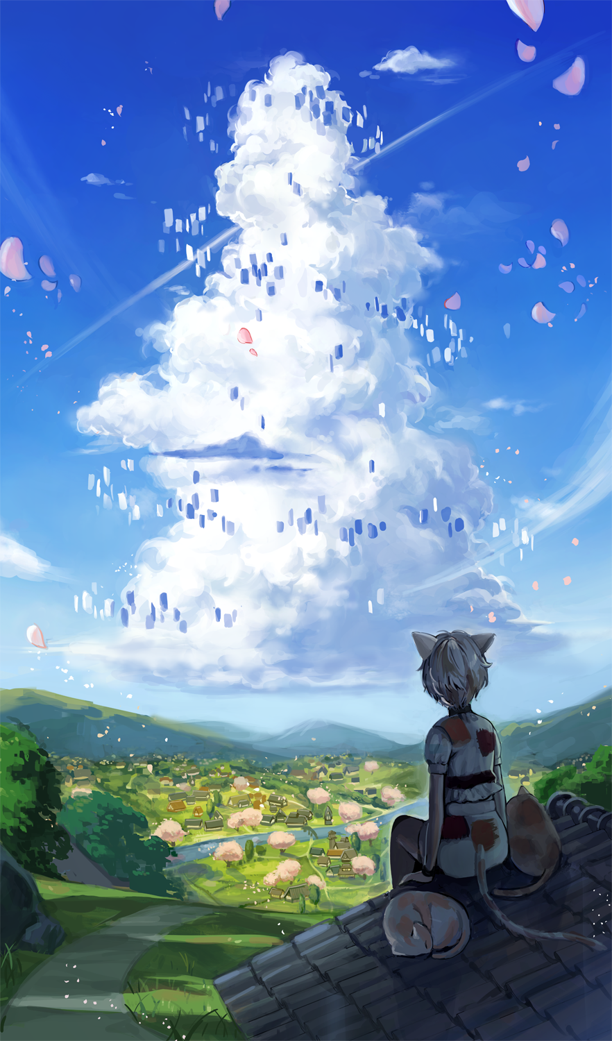 1girl animal animal_ears architecture arm_support banned_artist blue_sky bridge calico cat cat_ears cat_girl cat_tail cherry_blossoms clouds commentary_request crop_top cumulonimbus_cloud day dirt_road east_asian_architecture from_behind goutokuji_mike hajin highres landscape maneki-neko mountain multicolored multicolored_clothes multicolored_hair on_roof outdoors patches path petals puffy_short_sleeves puffy_sleeves river road rock scenery short_hair short_sleeves silver_hair sitting sky solo streaked_hair tail touhou tree village white_hair wide_shot wind