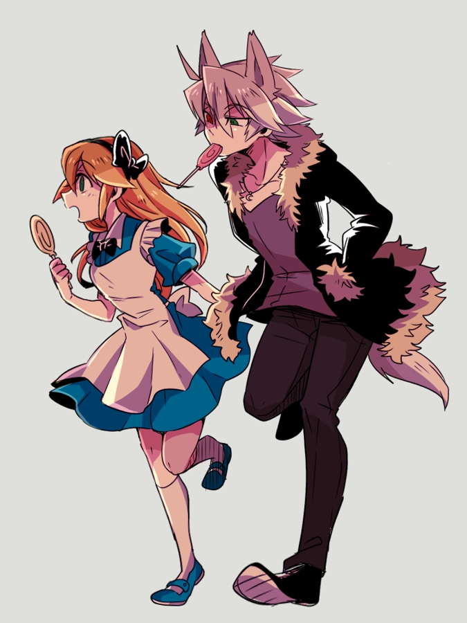 1boy 1girl ahoge alice_(alice_in_wonderland) alice_(alice_in_wonderland)_(cosplay) alice_in_wonderland animal_ears apron black_bow black_hairband black_jacket blazblue blonde_hair blue_dress bow candy cosplay dress food fur_trim green_eyes grey_hair hair_bow hairband hands_in_pockets height_difference heterochromia jacket lollipop long_hair looking_at_viewer mako_gai mullet noel_vermillion ragna_the_bloodedge red_eyes short_hair silver_hair smile tail white_hair wolf wolf_boy wolf_ears wolf_tail
