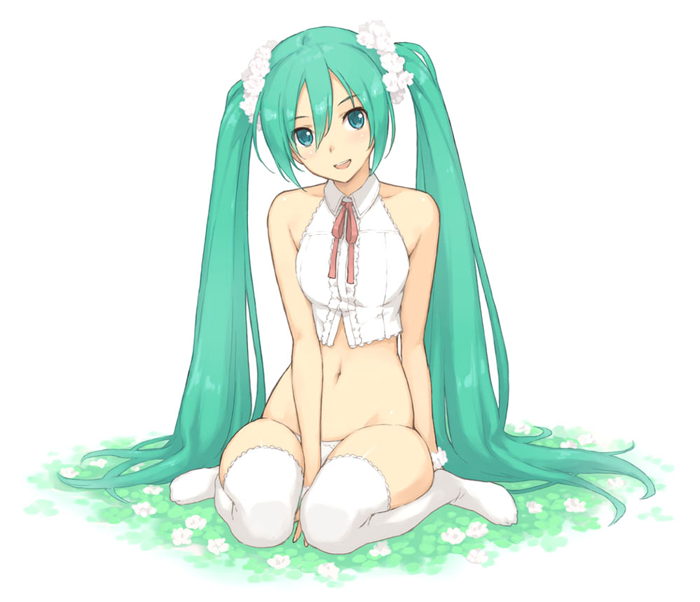 1girl :d aqua_eyes aqua_hair bare_shoulders between_legs blush breasts commentary crop_top flower full_body green_eyes green_hair hair_flower hair_ornament hand_between_legs hatsune_miku long_hair looking_at_viewer midriff morisawa_haruyuki navel no_shoes open_mouth panties ribbon scrunchie simple_background sitting sleeveless smile solo thigh-highs twintails underwear very_long_hair vocaloid wariza white_background white_legwear white_panties