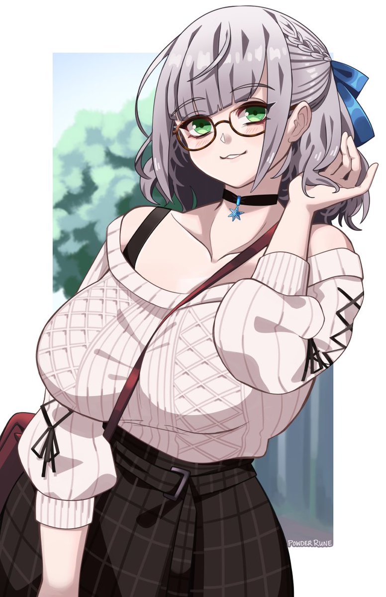 1girl adjusting_hair bag between_breasts black_choker black_skirt blue_ribbon braid breasts casual choker commentary cowboy_shot french_braid glasses green_eyes hair_ribbon hand_up hololive large_breasts looking_at_viewer parted_lips plaid plaid_skirt powderrune ribbed_sweater ribbon semi-rimless_eyewear shirogane_noel short_hair silver_hair skirt sleeves_past_elbows smile solo strap_between_breasts sweater white_sweater