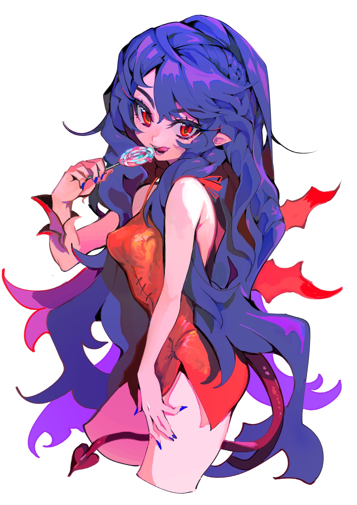 1girl bare_bush bare_shoulders blue_hair braid candy covered_nipples demon_girl demon_tail demon_wings dress eyebrows_visible_through_hair eyelashes fingernails food hair_between_eyes highres holding holding_candy holding_food licking_lips lollipop long_eyelashes long_fingernails long_hair maido_mido open_mouth orange_dress orange_eyes original red_tail red_wings simple_background solo tail teeth tongue tongue_out very_long_fingernails white_background wings