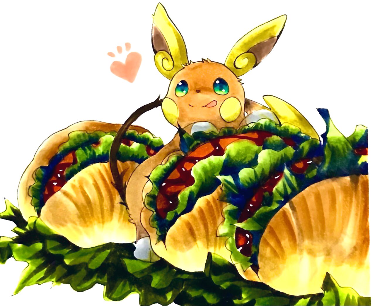 alolan_form alolan_raichu animal_focus blush_stickers closed_mouth commentary_request food food_focus gen_7_pokemon green_eyes happy heart in_food ketchup leaning_forward lettuce licking_lips looking_at_viewer marker_(medium) meat mofuo no_humans notice_lines oversized_food pokemon pokemon_(creature) sandwich simple_background smile solo standing tongue tongue_out traditional_media white_background