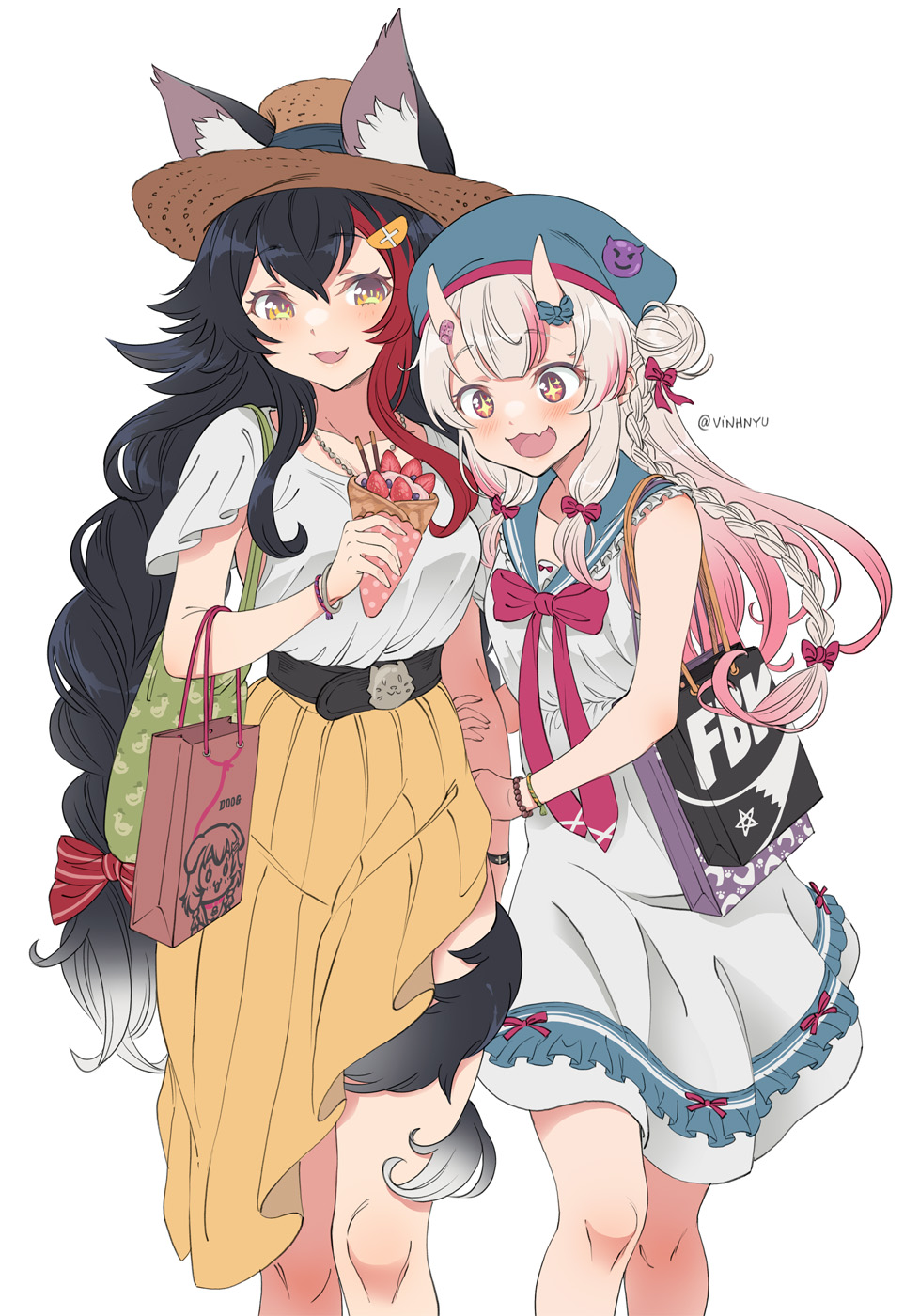 2girls animal_ears bag belt black_hair blouse bow bowtie bracelet braid breasts casual colored_tips crepe demon_girl dress fang food hair_bow hair_bun handbag hat highres holding holding_another's_arm holding_food hololive jewelry long_braid long_hair long_skirt multicolored_hair multiple_girls nakiri_ayame necklace ookami_mio pink_hair red_eyes redhead shopping_bag simple_background skirt sparkling_eyes streaked_hair sun_hat tail tail_around_leg two-tone_hair very_long_hair vinhnyu walking white_background white_hair wolf_ears wolf_girl wolf_tail yellow_eyes