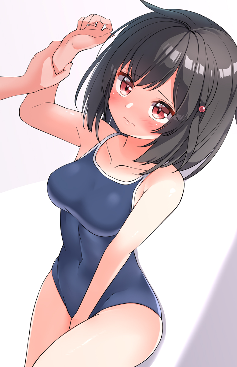 1girl bangs bare_arms bare_shoulders black_hair blue_swimsuit blush breasts chaostein closed_mouth collarbone commentary_request covered_navel covering covering_crotch eyebrows_visible_through_hair granblue_fantasy groin highres medium_breasts one-piece_swimsuit out_of_frame red_eyes solo_focus swimsuit vikala_(granblue_fantasy) wavy_mouth wrist_grab