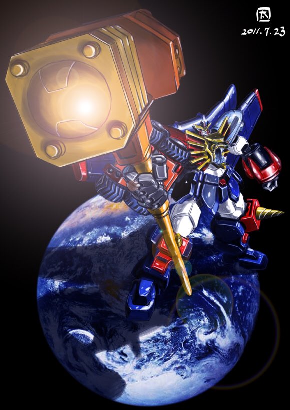 clenched_hand dated drill earth_(planet) gaogaigar goldion_hammer leaning_back mecha mechanical_wings no_humans ohtagaki_yasuo planet science_fiction solo super_robot v-fin wings yuusha_ou_gaogaigar yuusha_series