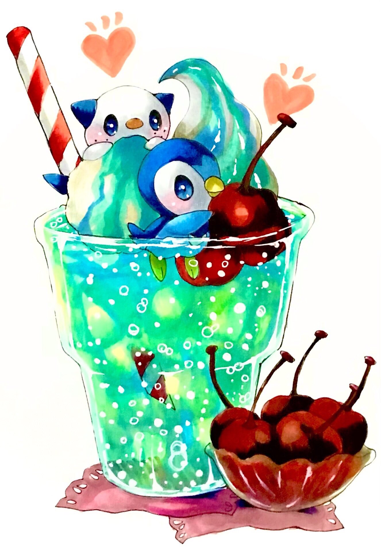 afloat animal_focus blue_eyes blush bowl bubble cherry closed_mouth commentary cup drinking_glass drinking_straw food food_focus freckles fruit gen_4_pokemon gen_5_pokemon heart highres ice_cream ice_cream_float in_food marker_(medium) mofuo no_humans notice_lines oshawott oversized_food partially_submerged piplup pokemon pokemon_(creature) simple_background soda striped traditional_media white_background