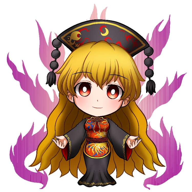 1girl bangs belt blonde_hair bow breasts chibi chinese_clothes closed_mouth crescent dress energy eyebrows_visible_through_hair grey_dress grey_headwear grey_sleeves hair_between_eyes hands_up hat hoshii_1213 junko_(touhou) legacy_of_lunatic_kingdom long_hair long_sleeves looking_at_viewer medium_breasts pom_pom_(clothes) red_belt red_eyes red_vest simple_background smile solo standing touhou very_long_hair vest white_background wide_sleeves yellow_bow yellow_neckwear