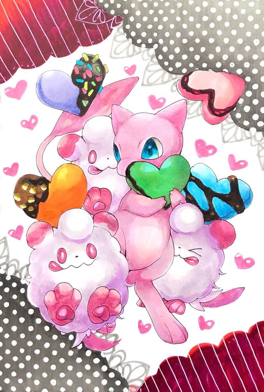 &gt;_&lt; animal_focus blue_eyes bright_pupils chocolate closed_eyes closed_mouth commentary cookie english_commentary food full_body gen_1_pokemon gen_6_pokemon heart-shaped_food highres holding holding_food legendary_pokemon licking_lips looking_at_another marker_(medium) mew mofuo mythical_pokemon no_humans pawpads pink_eyes pokemon pokemon_(creature) sprinkles swirlix tongue tongue_out traditional_media wavy_mouth white_pupils