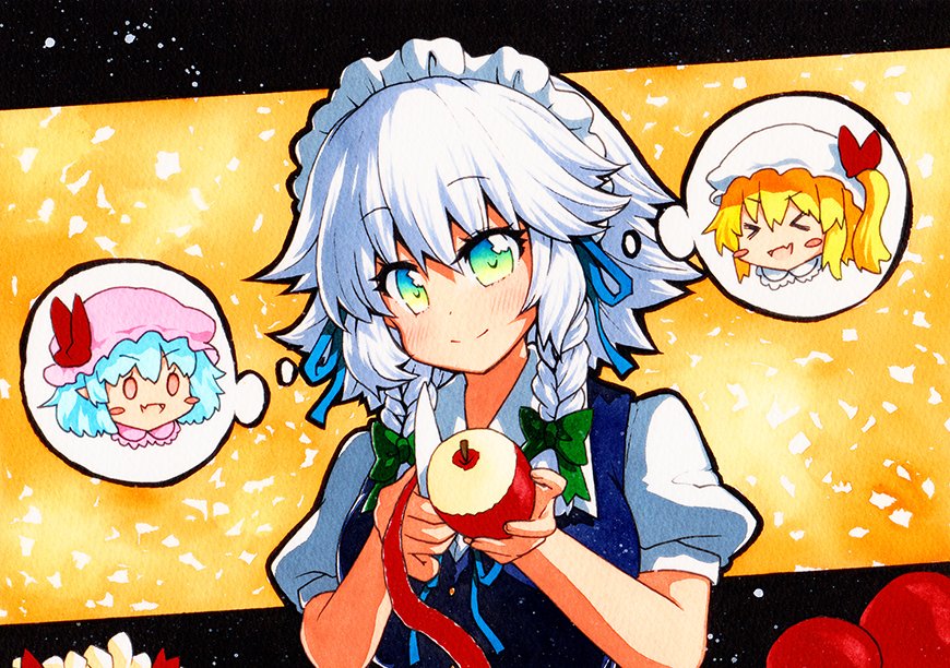 &gt;_&lt; 1girl :d apple bangs blonde_hair blue_hair bow braid closed_mouth eyebrows_visible_through_hair fang flandre_scarlet food fruit green_bow green_eyes grey_hair hair_bow hat holding holding_food holding_fruit holding_knife izayoi_sakuya knife looking_at_viewer maid maid_headdress mob_cap one_side_up open_mouth peeling pink_headwear puffy_short_sleeves puffy_sleeves qqqrinkappp red_apple remilia_scarlet short_hair short_sleeves side_braids skin_fang smile solid_oval_eyes solo thought_bubble touhou traditional_media twin_braids upper_body white_headwear