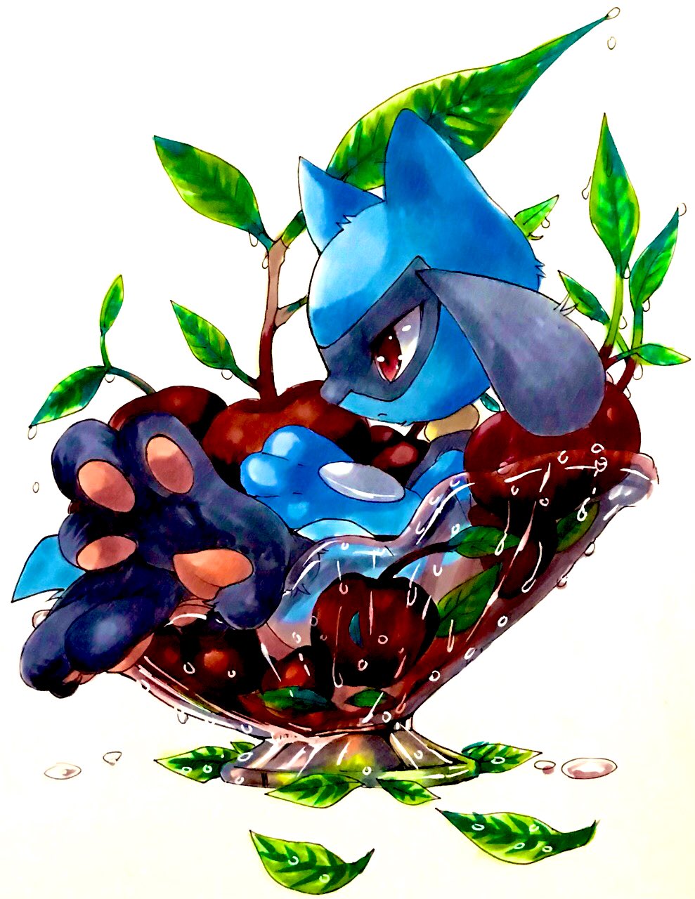 1boy animal_ears black_fur blue_fur body_fur bowl cherry child closed_mouth commentary dew_drop english_commentary feet food from_side fruit full_body furry gen_4_pokemon highres holding holding_food in_food leaf male_focus mofuo oversized_food pawpads paws pokemon pokemon_(creature) profile red_eyes riolu sideways_mouth simple_background sitting snout solo tail transparent two-tone_fur water_drop white_background wolf_boy wolf_ears wolf_tail