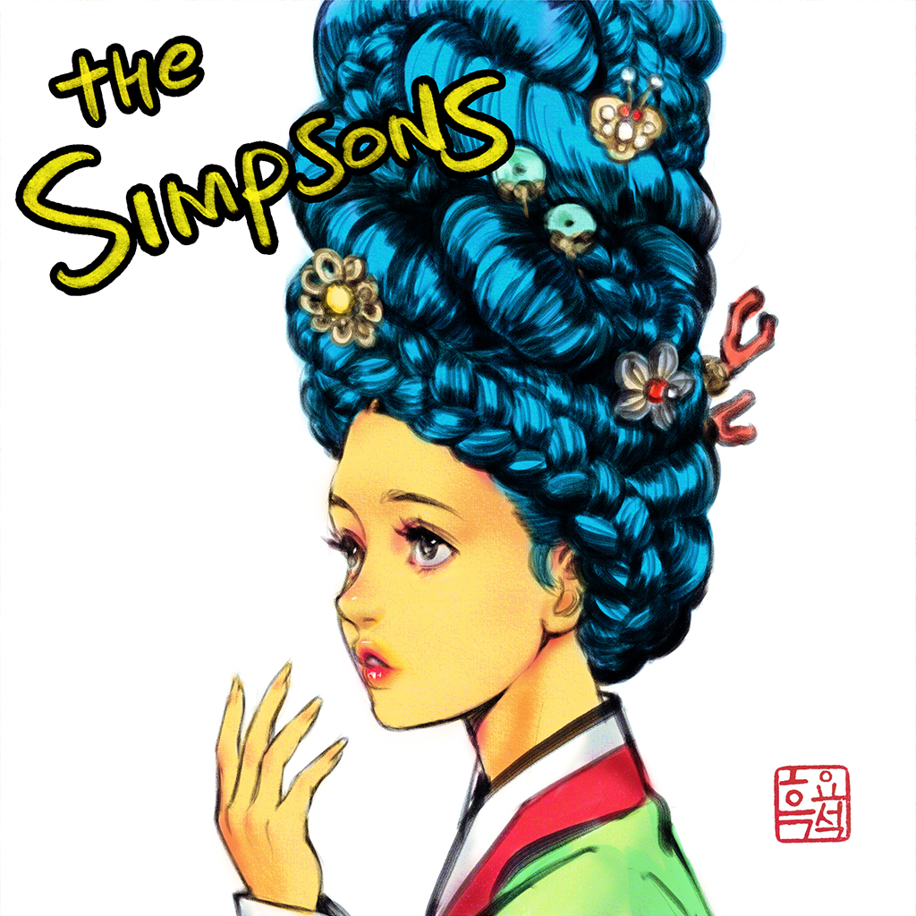 1girl 2020 :o alternate_costume alternate_hairstyle blue_hair braid colored_skin copyright_name dress green_dress grey_eyes hair_ornament hanbok hand_up korea korean_clothes korean_text korean_traditional_hair_ornament long_sleeves marge_simpson mature_female portrait redesign redhead signature solo surprised the_simpsons traditional_dress updo upper_body western_animation white_trim wig woohnayoung yellow_skin